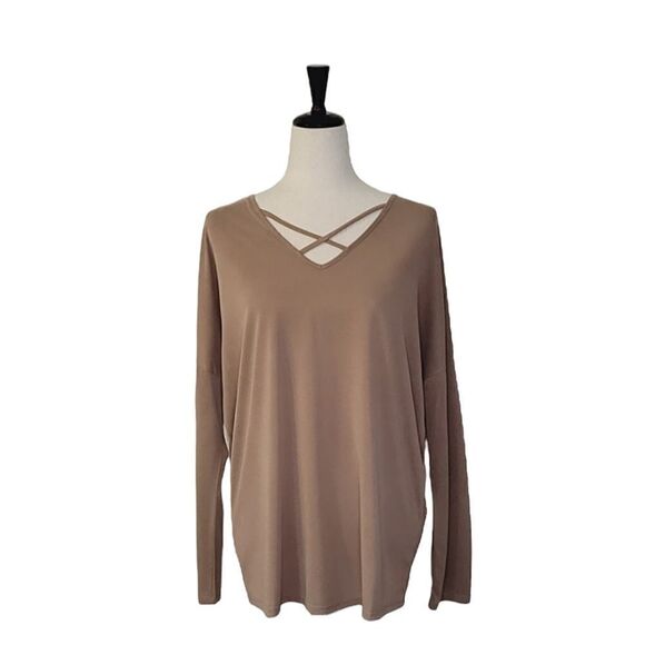 Active USA Heathered Tan V-neck Crisscross Drop Sleeve Stretchy Top Size L - Picture 1 of 7